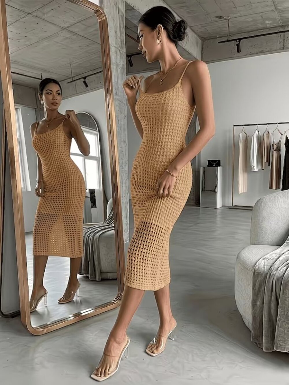 Women's Summer Midi Dress, Sexy, V-Neck, Thin Strap, Fitting Cover-Up Dress (S)